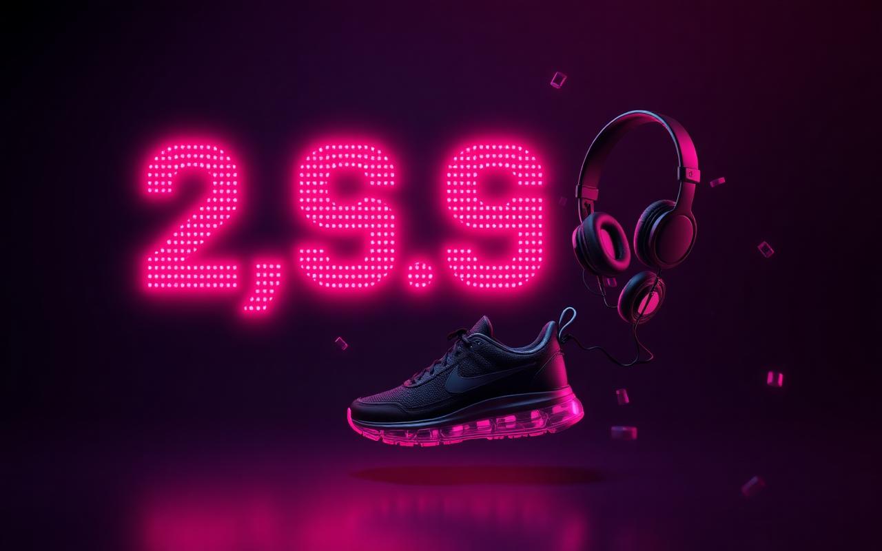 Neon prijsteller met dalende prijs boven A-merk sneakers en koptelefoon